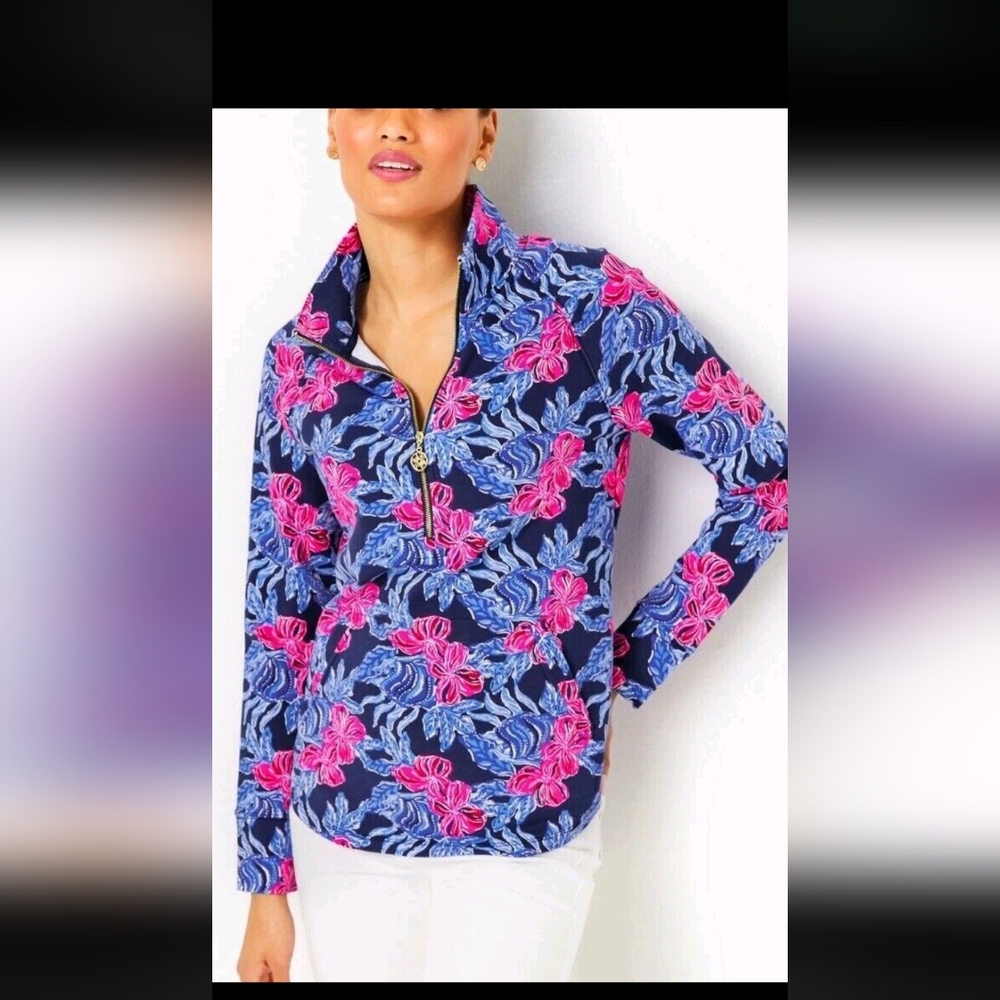 Lilly Pulitzer Navy Pink Floral Quarter Zip Pullover Palm Tree Zipper Sz L